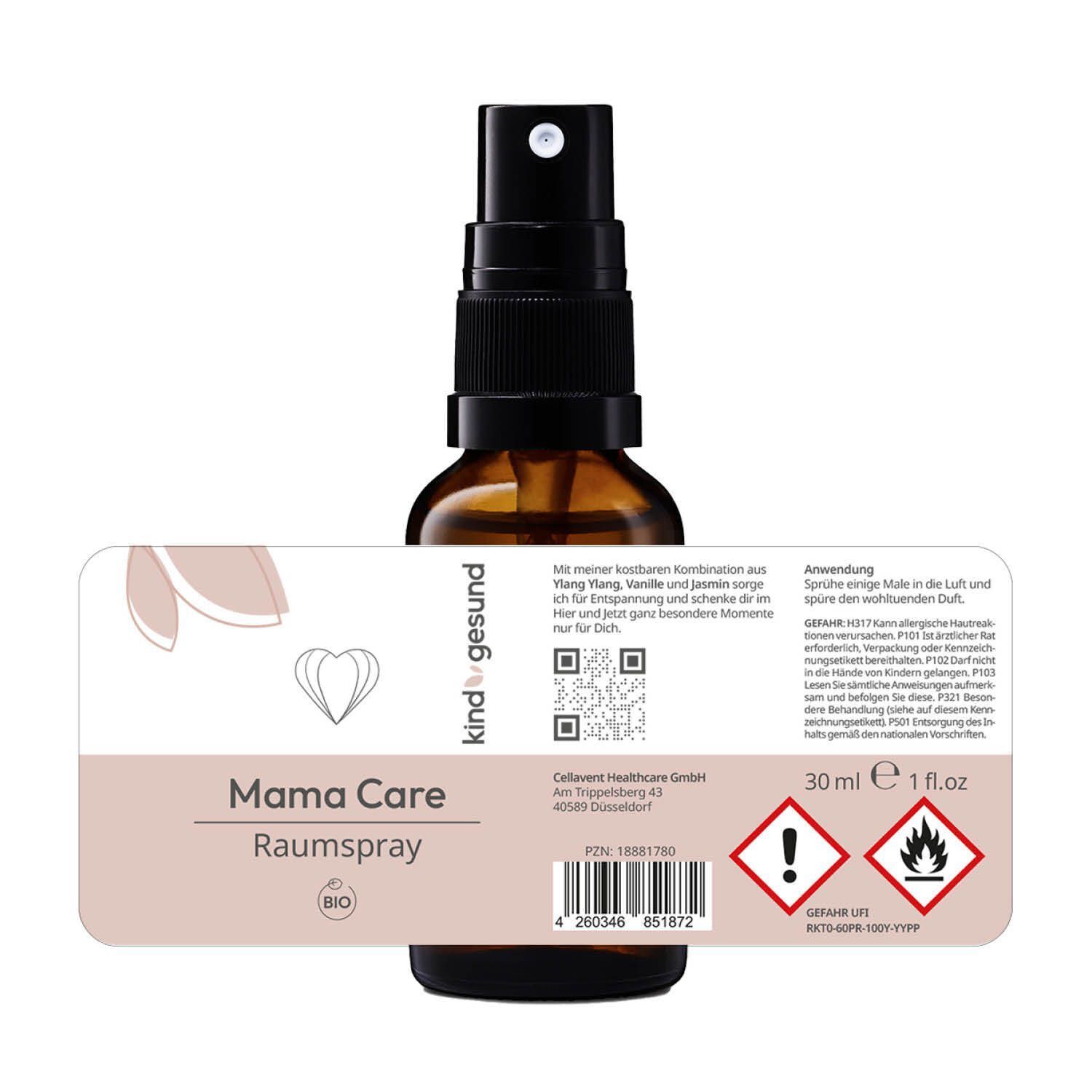 Braune Glasflasche mit Sprayaufsatz, Etikett 'Mama Care Raumsspray', 30 ml.