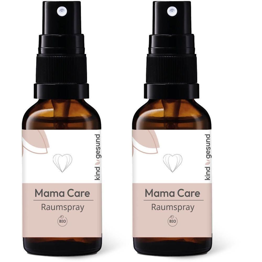 Zwei Flaschen Bio-Mama Care Raumspray mit Etikett 'kind & gesund'.