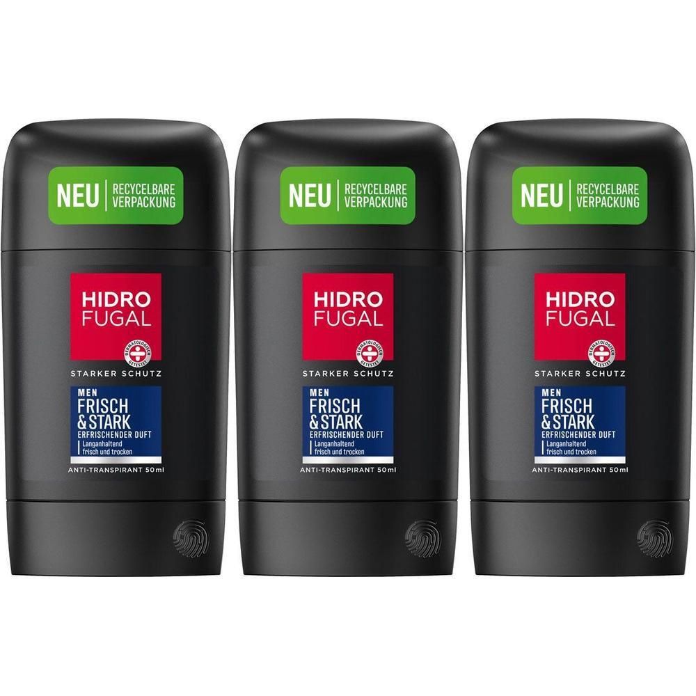 Drei Hidrofugal Men Frisch & Stark Sticks in schwarzer Verpackung mit grüner "NEU RECYCELBARE VERPACKUNG"-Aufschrift.