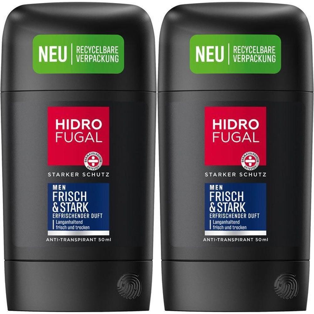Zwei Hidrofugal Deosticks für Männer, "Frisch & Stark", 50ml. Schwarze Behälter mit roten und blauen Etiketten. "Neu, recycelbare Verpackung".