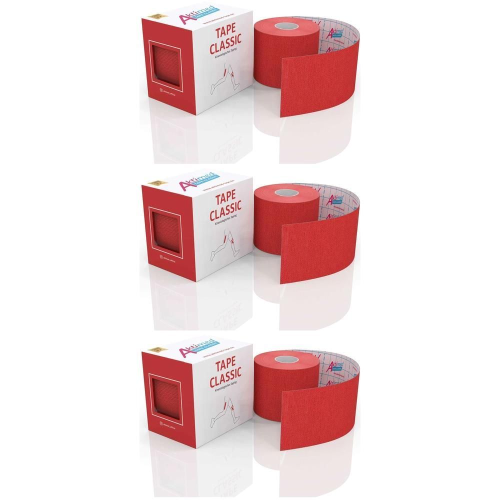 Rote Rolle Aktimed Tape Classic mit weißer Verpackung. Aufdruck: 'TAPE CLASSIC'.