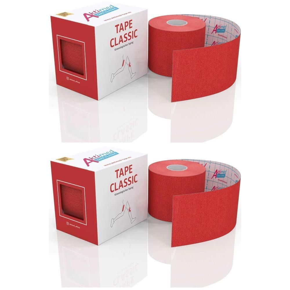 Zwei Rollen rotes Kinesiologie-Tape Classic von Aktimed, jeweils mit Verpackung. Das Tape hat eine sichtbare Textur.