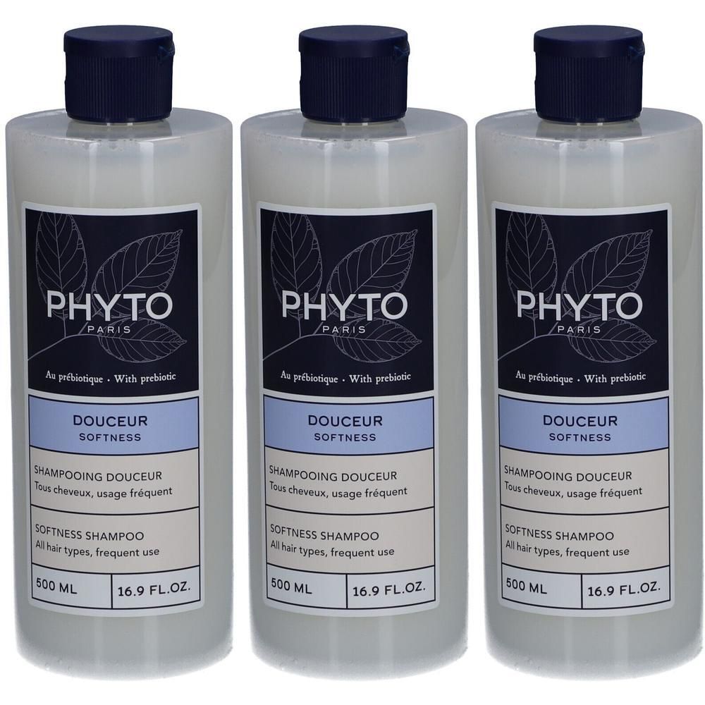 Drei Flaschen PHYTO Paris SOFTNESS Shampoo, jeweils 500 ml.