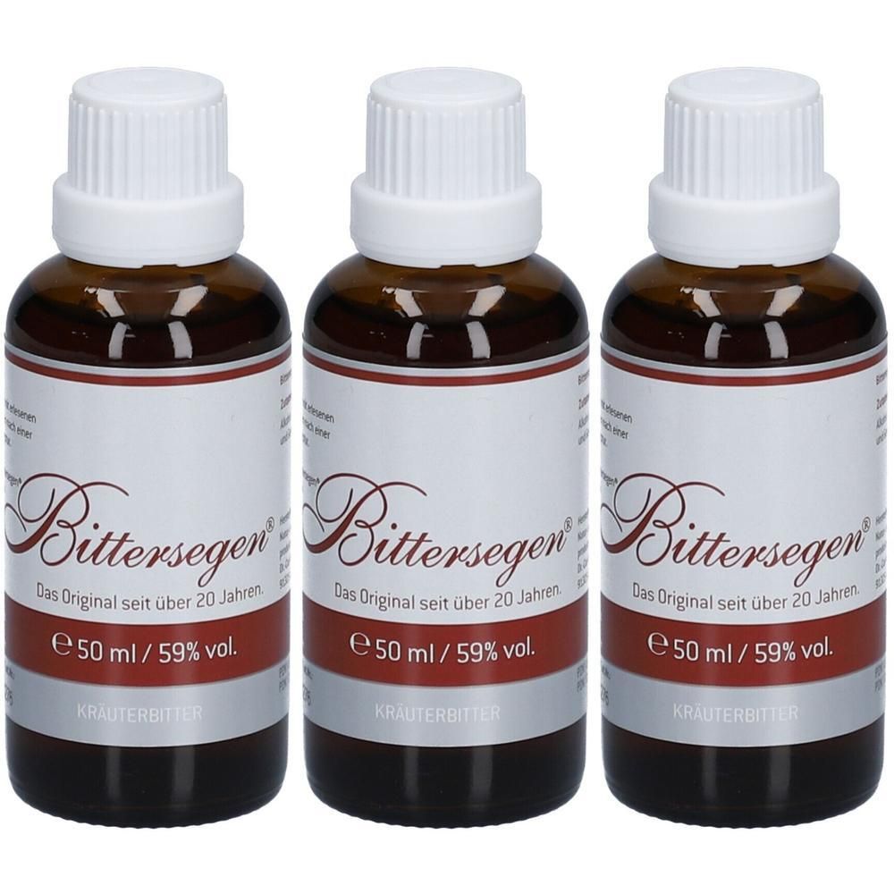 Drei Flaschen Bittersegen Kräuterbitter, je 50 ml, 59% vol. Braunglasflaschen mit weißen Verschlüssen.