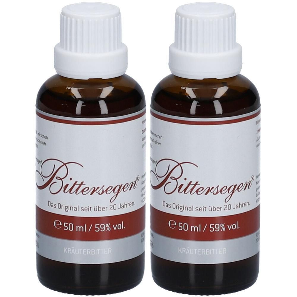 Zwei Flaschen Bittersegen Kräuterbitter, je 50 ml, 59% vol. Braunglasflaschen mit weißem Schraubverschluss.