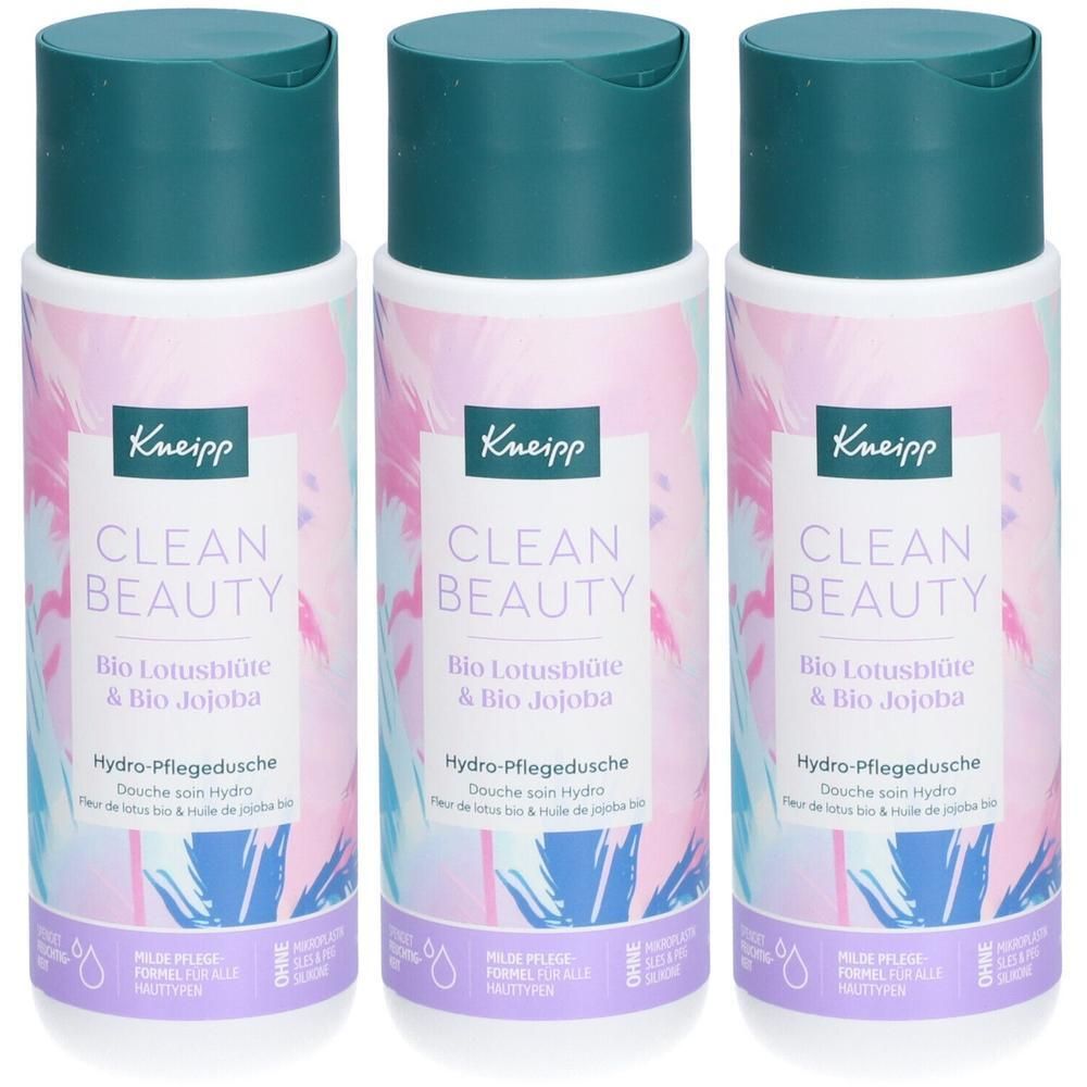 Drei Flaschen Kneipp Clean Beauty Hydro Pflegedusche Bio Lotusblüte & Bio Jojoba mit türkisfarbenen Verschlüssen und floralem Design.