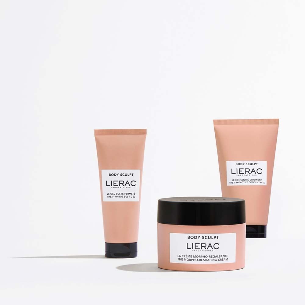 Drei LIERAC Body Sculpt Produkte: eine Creme und zwei Gele, auf weißem Hintergrund.