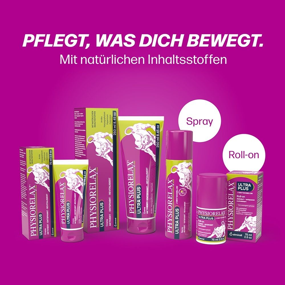 Physiorelax ULTRA PLUS Produkte: Creme, Spray, Roll-on und Faltschachteln.