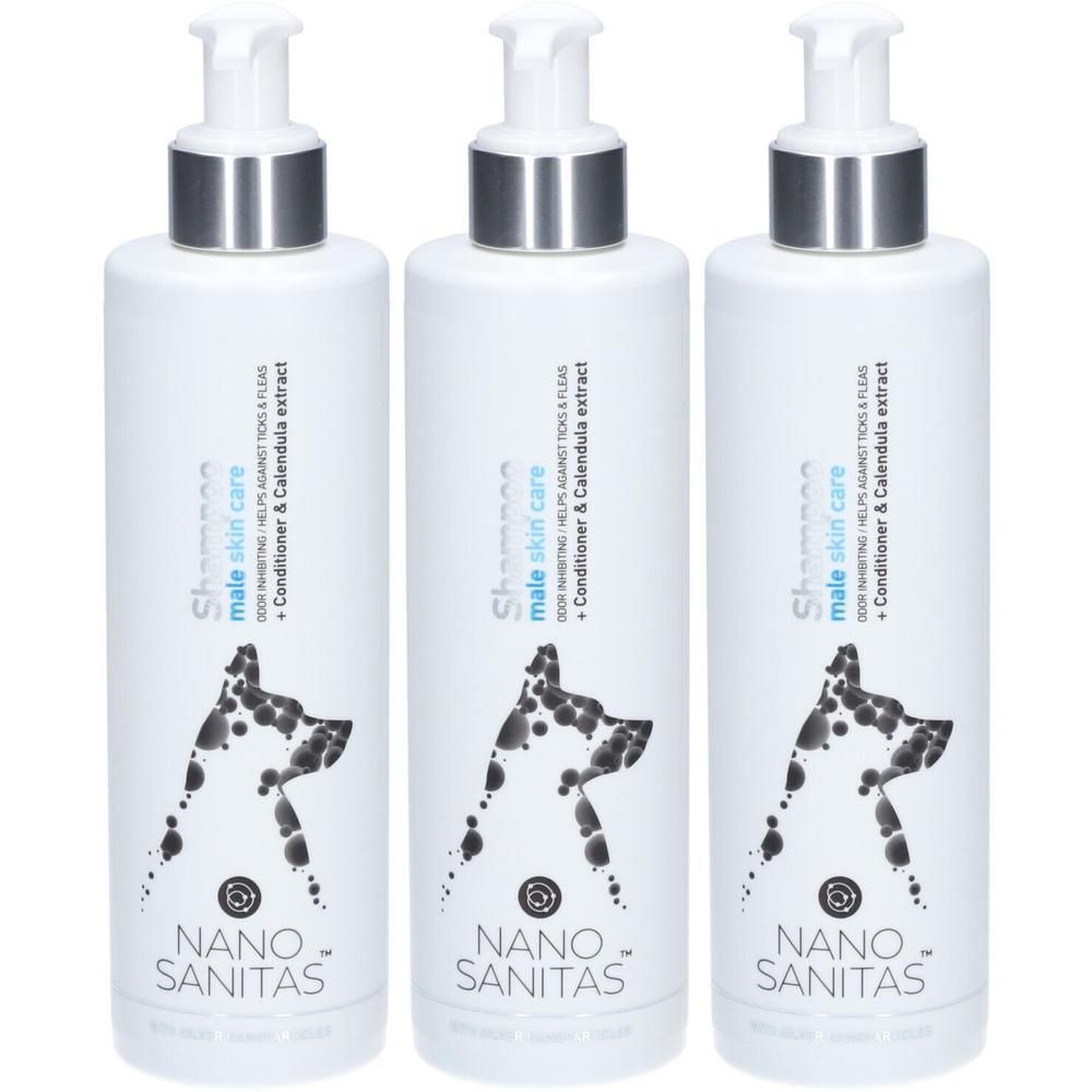 Drei weiße Pumpflaschen NanoSanitas Shampoo für Männerhautpflege mit Hundesilhouette.