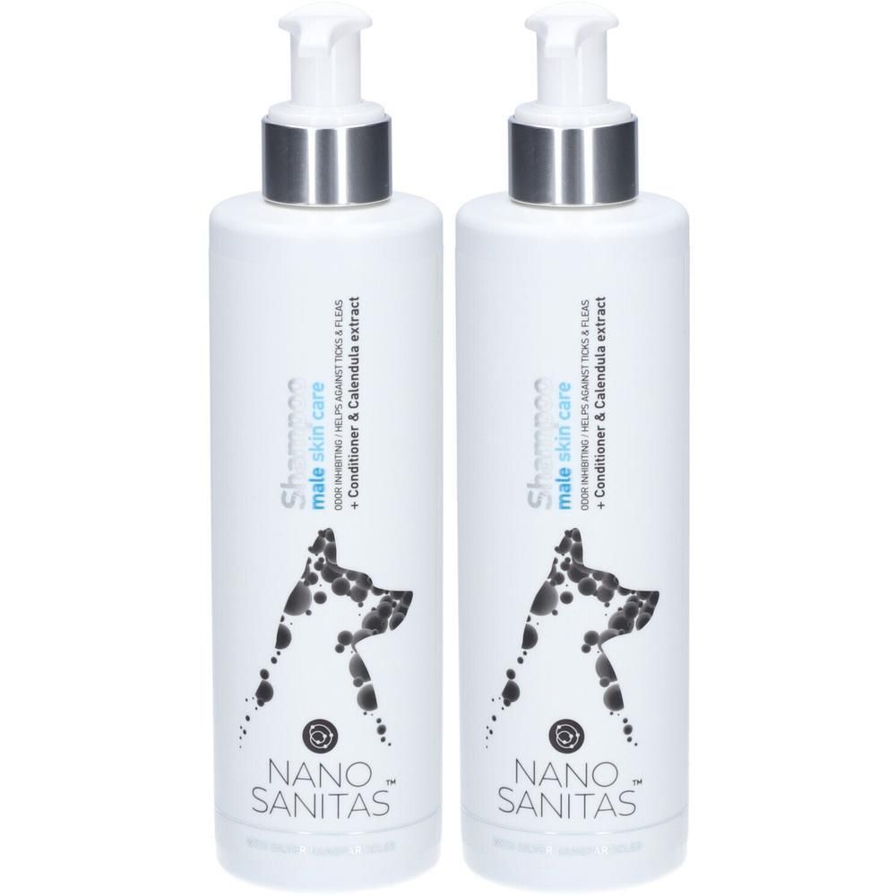 Zwei weiße Pumpflaschen NanoSanitas Shampoo für Männerhautpflege mit Hundesilhouette.