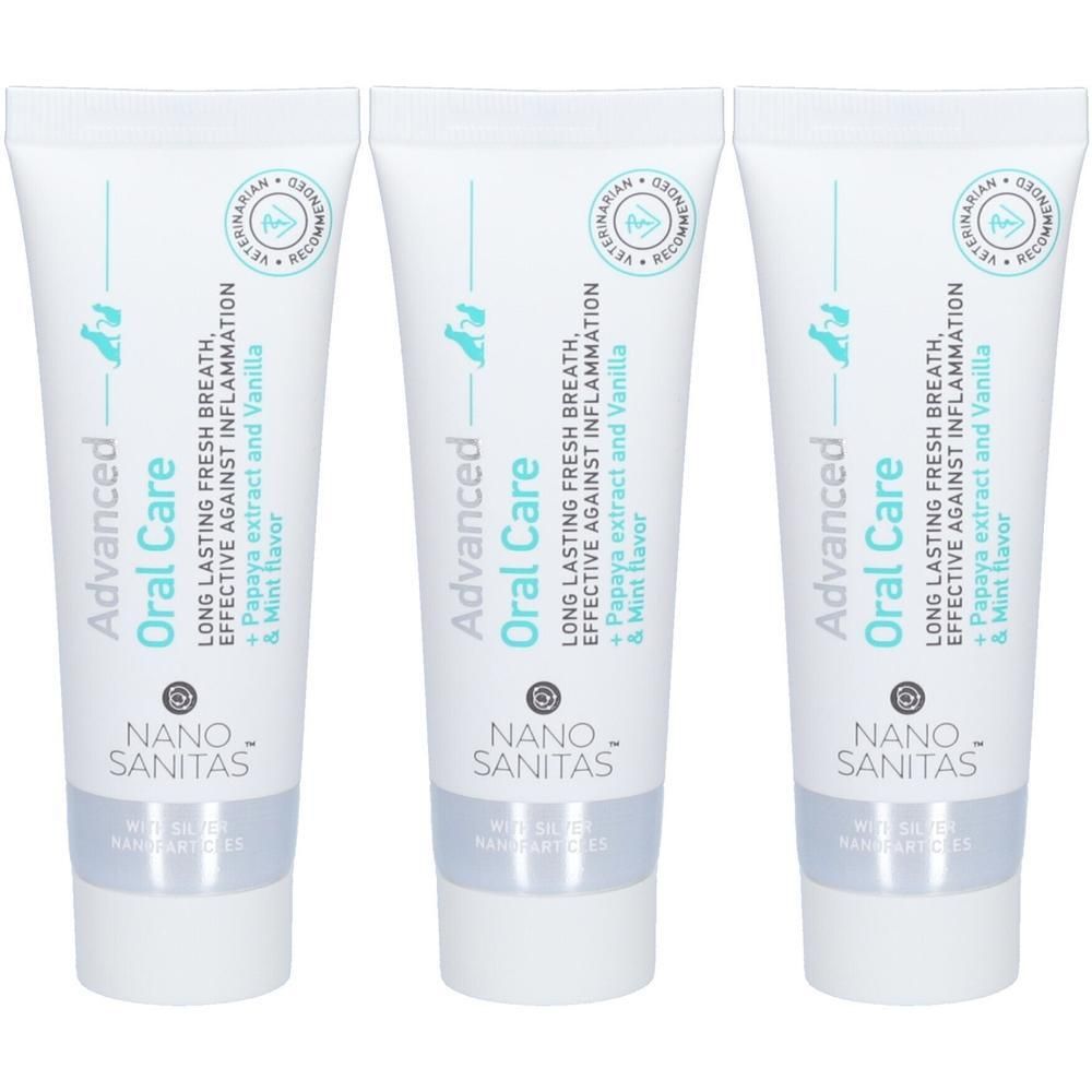 Drei Tuben NanoSanitas Advanced Oral Care Zahnpasta mit Papaya- und Minzgeschmack.