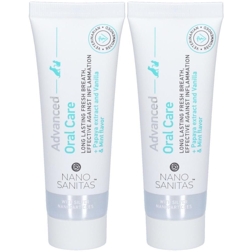 Zwei Tuben NanoSanitas Advanced Oral Care Zahnpasta mit Papaya und Minzgeschmack.