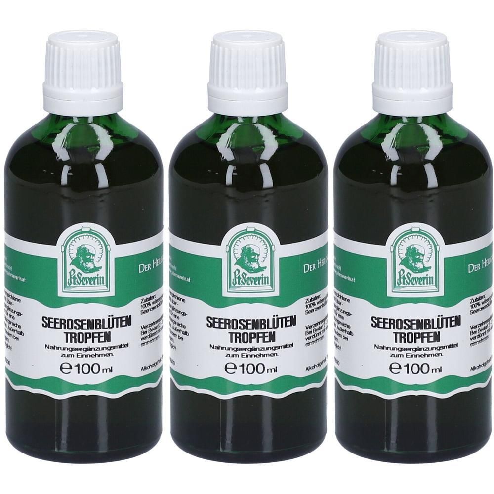 Drei grüne Tropfenflaschen mit weißen Verschlüssen und Etiketten, die 'SEEROSENBLÜTEN TROPFEN' und 'e 100ml' zeigen.