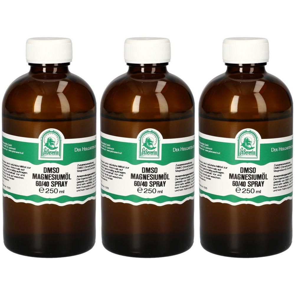 Drei braune Glasflaschen mit weißem Schraubverschluss, gefüllt mit St. Severin DMSO Magnesiumöl 60/40 Spray, 250ml.