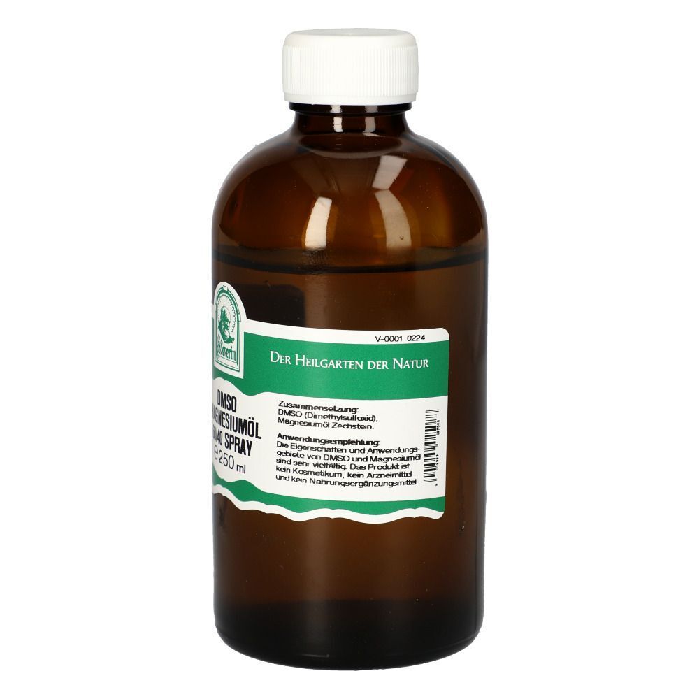Braune Glasflasche mit weißem Schraubverschluss, gefüllt mit St. Severin DMSO Magnesiumöl 60/40 Spray, 250ml.