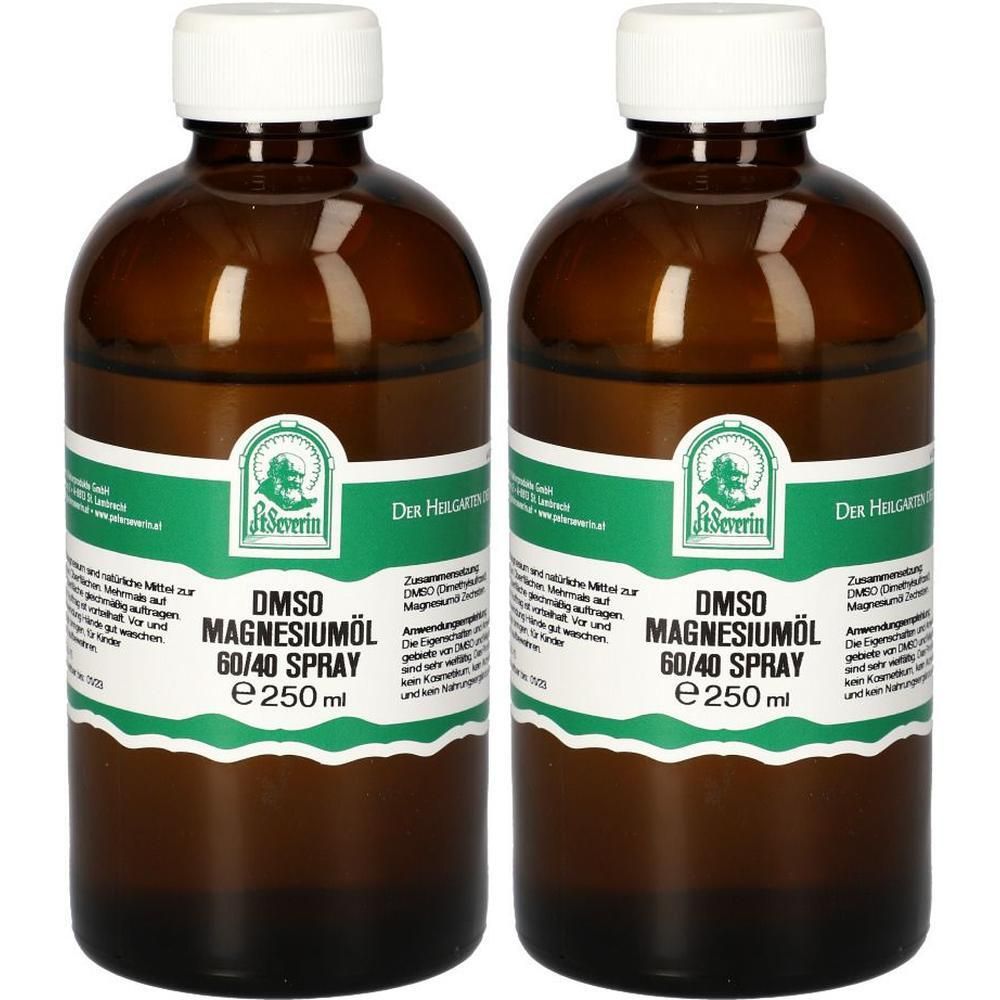 Zwei braune Glasflaschen mit weißem Schraubverschluss, gefüllt mit DMSO Magnesiumöl 60/40 Spray, 250 ml.