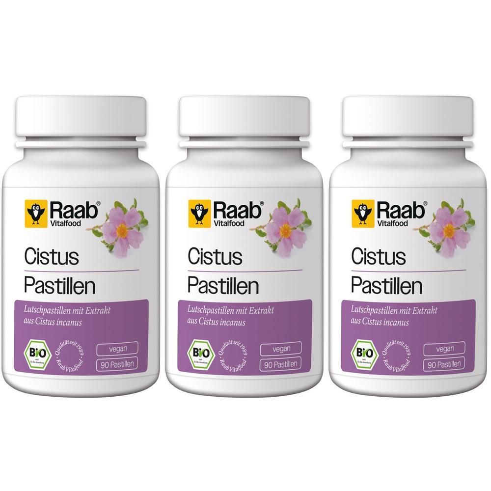 Drei Dosen Raab Bio Cistus Pastillen mit Cistus-Incanus-Extrakt. Jede Dose enthält 90 Pastillen.