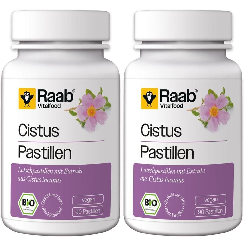 Zwei Dosen Raab Bio Cistus Pastillen mit je 90 Lutschpastillen. Mit Cistus Incanus Extrakt.