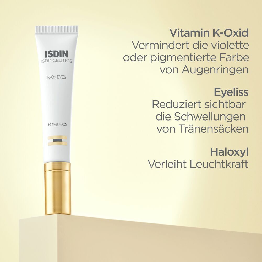 Tube Isdin Isdinceutics K-ox Eyes Augencreme mit Informationen zu Inhaltsstoffen.