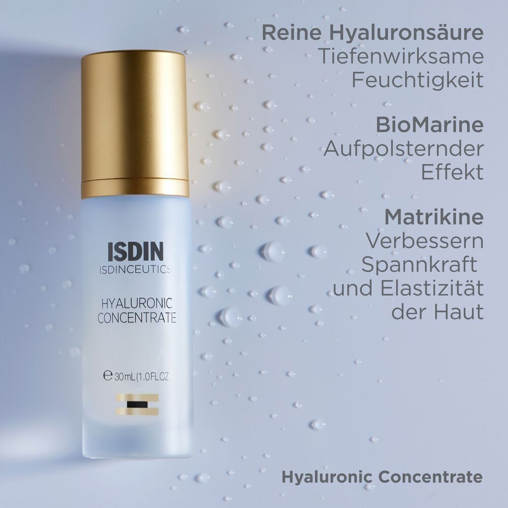 Flasche Isdin Isdinceutics Hyaluronic Concentrate Serum mit Text über Inhaltsstoffe und Hautelastizität.