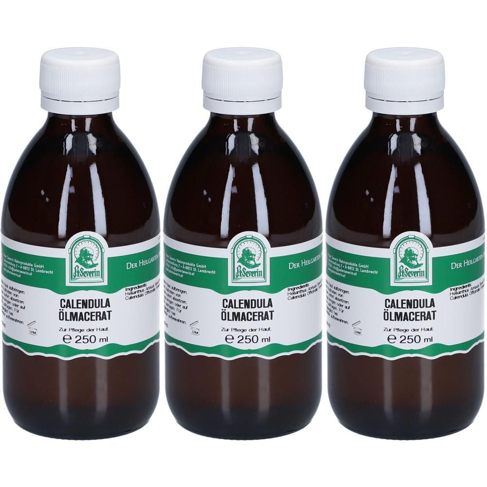 Drei braune Glasflaschen mit weißen Verschlüssen, gefüllt mit Calendula Ölmacerat.
