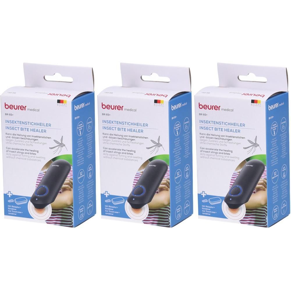 Drei Beurer BR 65+ Insektenstichheiler in Verpackungen. Schwarzes Gerät mit blauem Ringlicht.
