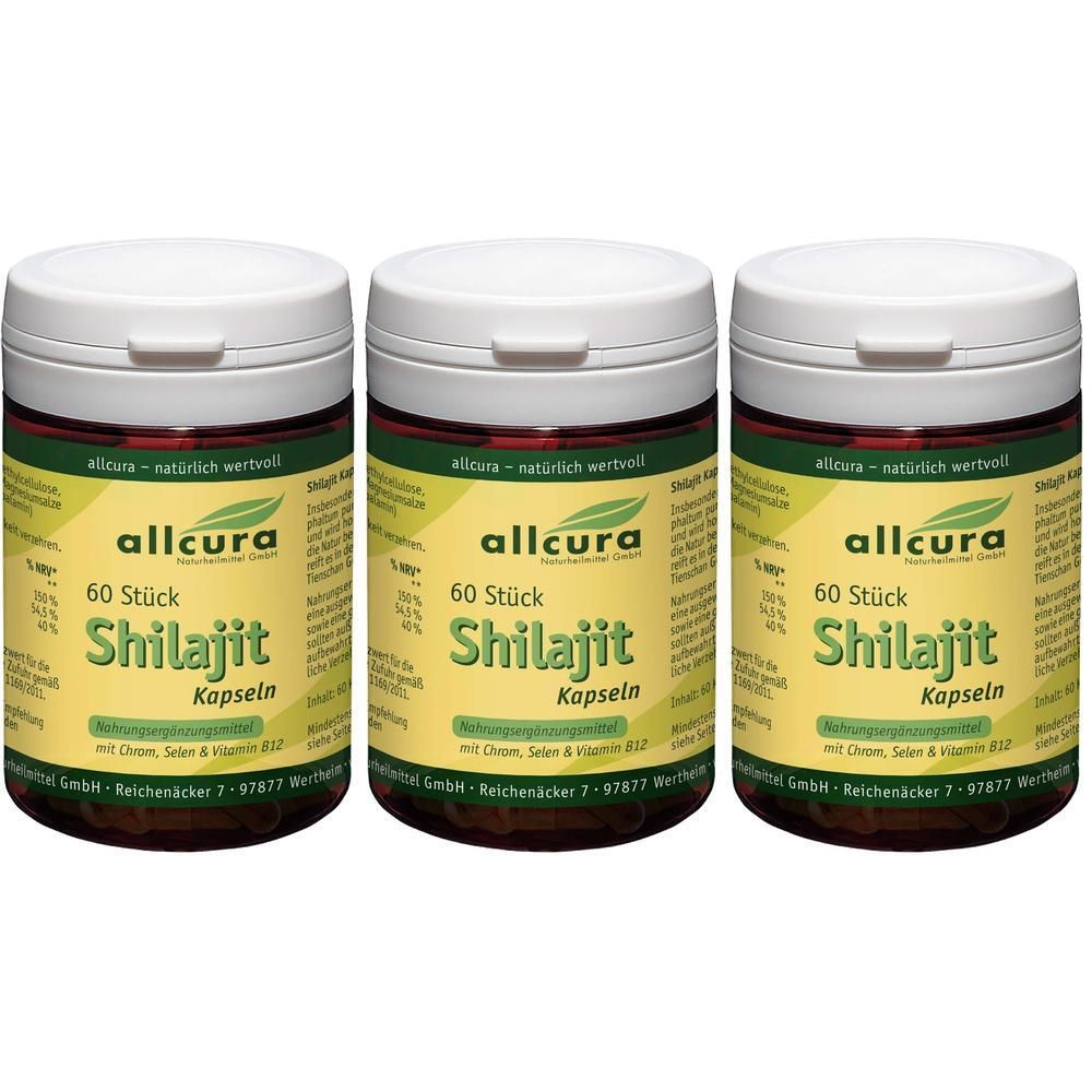 Drei Dosen allcura Shilajit Kapseln mit je 60 Stück.
