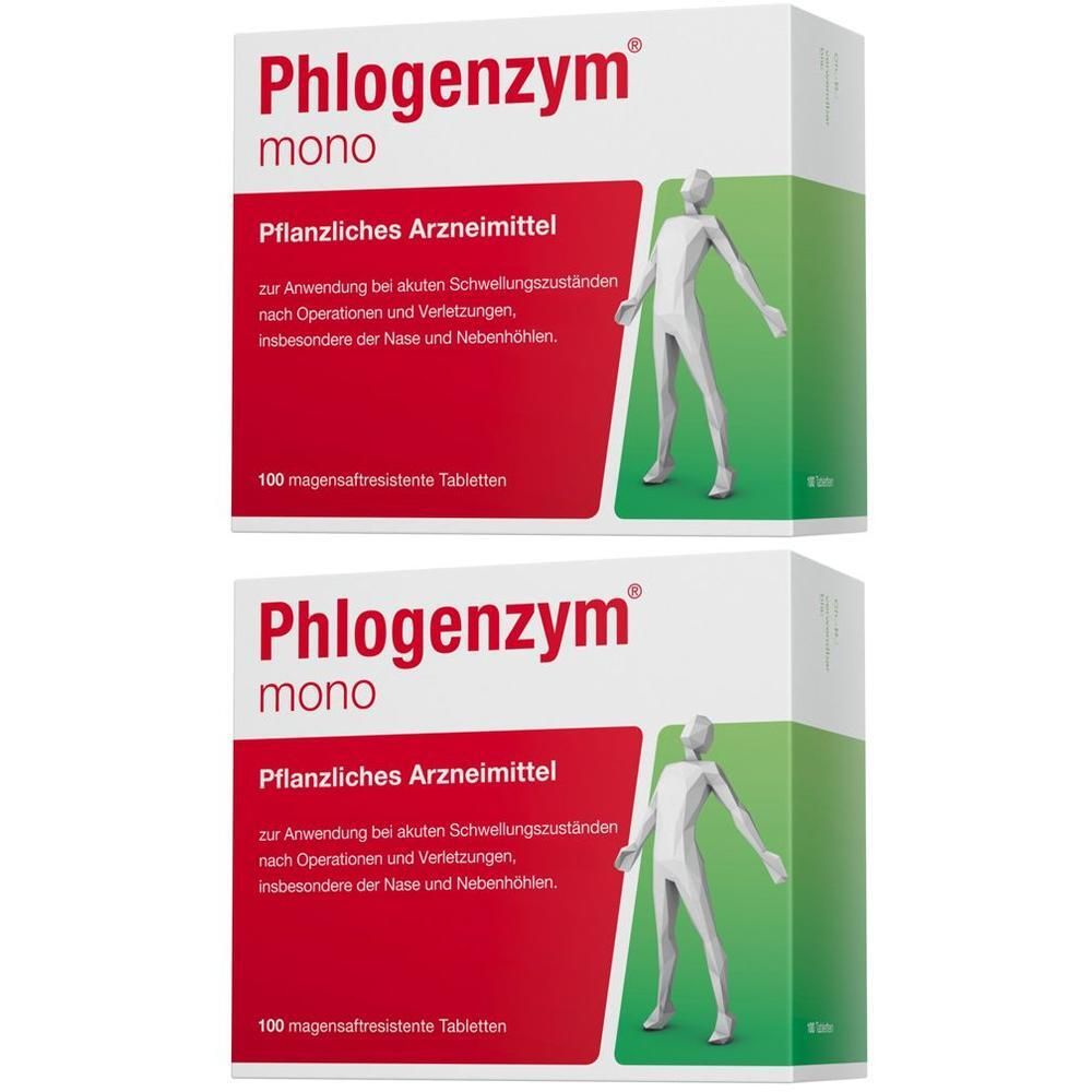 Zwei Packungen Phlogenzym® mono Tabletten, pflanzliches Arzneimittel, 100 magensaftresistente Tabletten pro Packung.