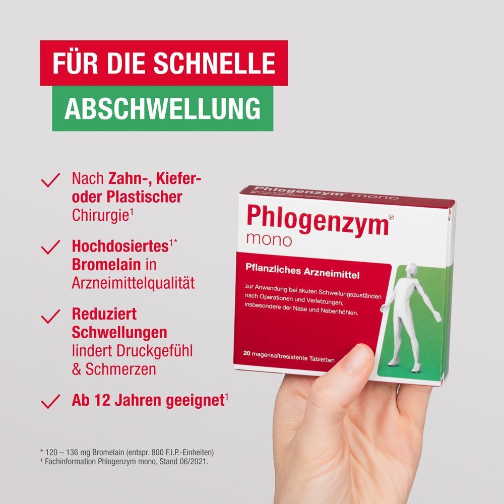 Hand hält eine Packung Phlogenzym® mono Tabletten. Text: Für die schnelle Abschwellung, Bromelain, ab 12 Jahren.