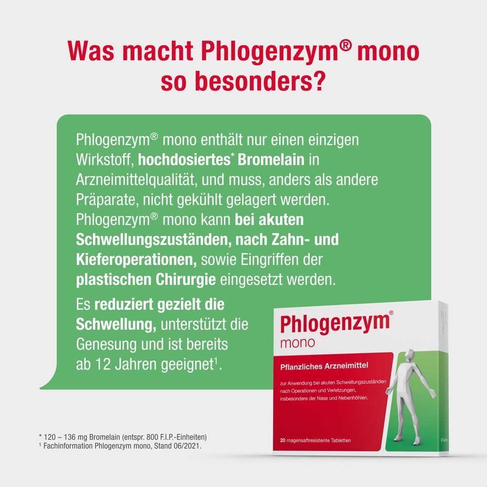 Packung Phlogenzym® mono Tabletten. Enthält Bromelain. Reduziert Schwellung, unterstützt Genesung. Geeignet ab 12 Jahren.