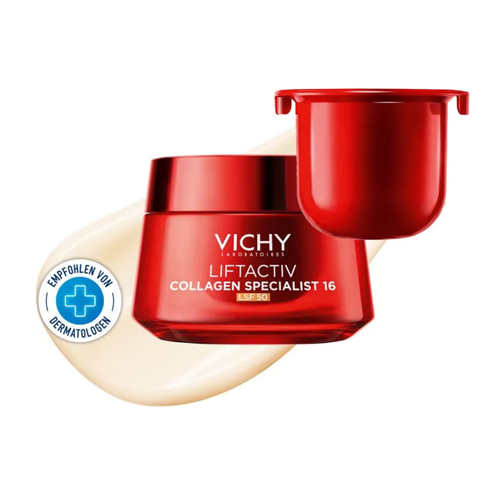 Rote Vichy Tiegel mit LSF 50. Ein separater roter Deckel liegt daneben. Dermatologisch empfohlen.