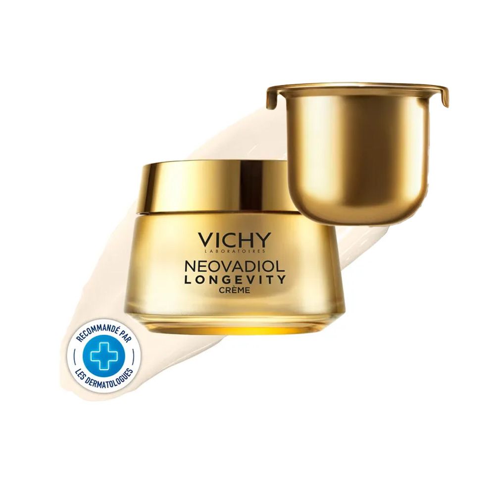 Vichy Neovadiol Longevity Creme in goldener Verpackung mit separatem Deckel. Dermatologisch empfohlen.