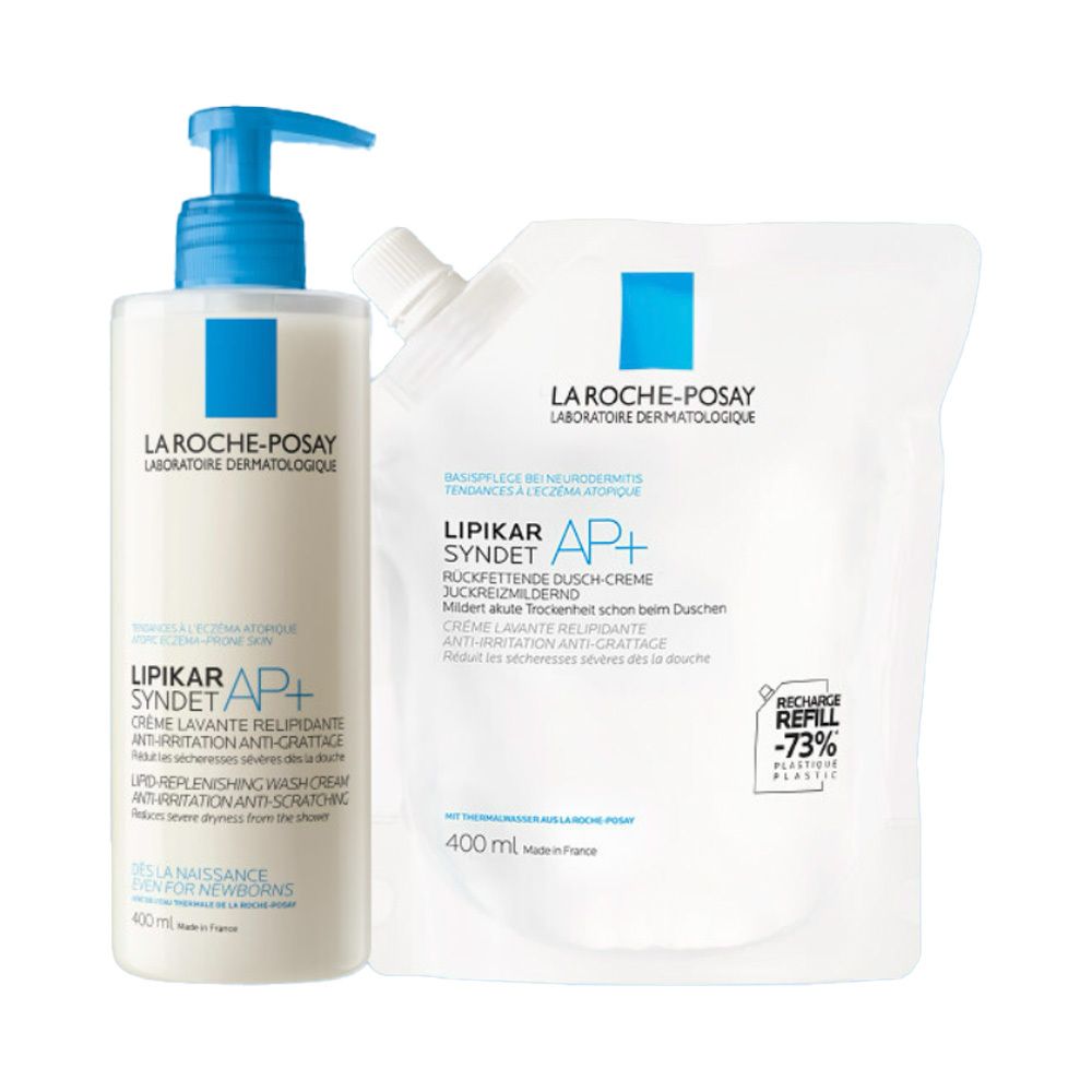 La Roche-Posay Lipikar Syndet AP+ Waschcreme mit Spender und Nachfüllpackung.