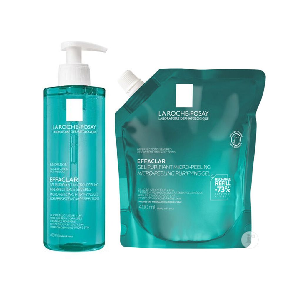 La Roche Posay Effaclar Mikro-Peeling Reinigungsgel in Pumpspender und Nachfüllpackung.