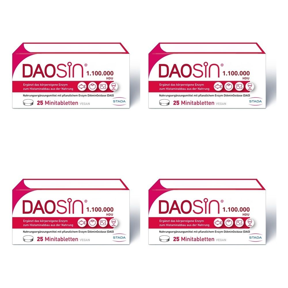 Vier Schachteln DAOSiN Tabletten mit je 25 Minitabletten.