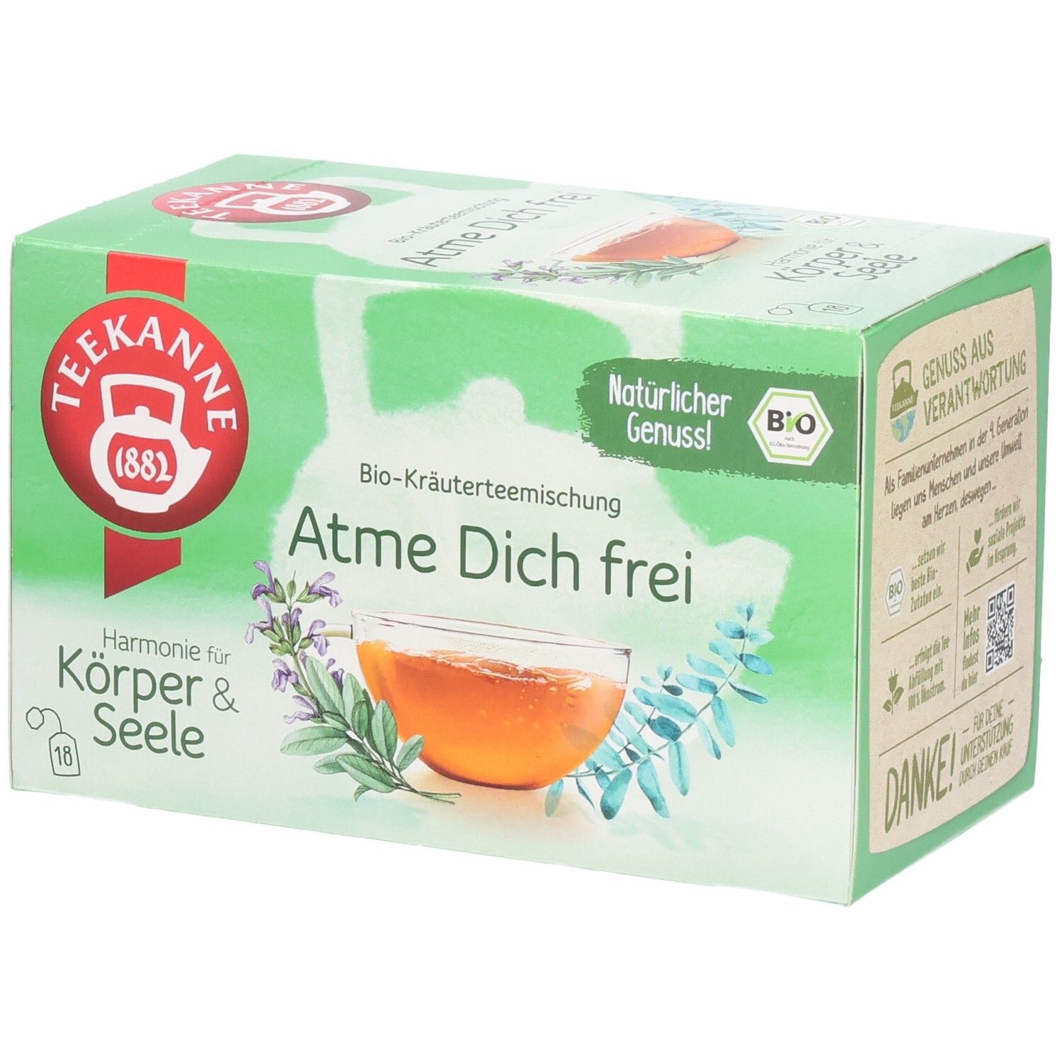 Teekanne BIO Harmonie für Körper & Seele Atme Dich frei Kräutertee Mischung, 18 Beutel.