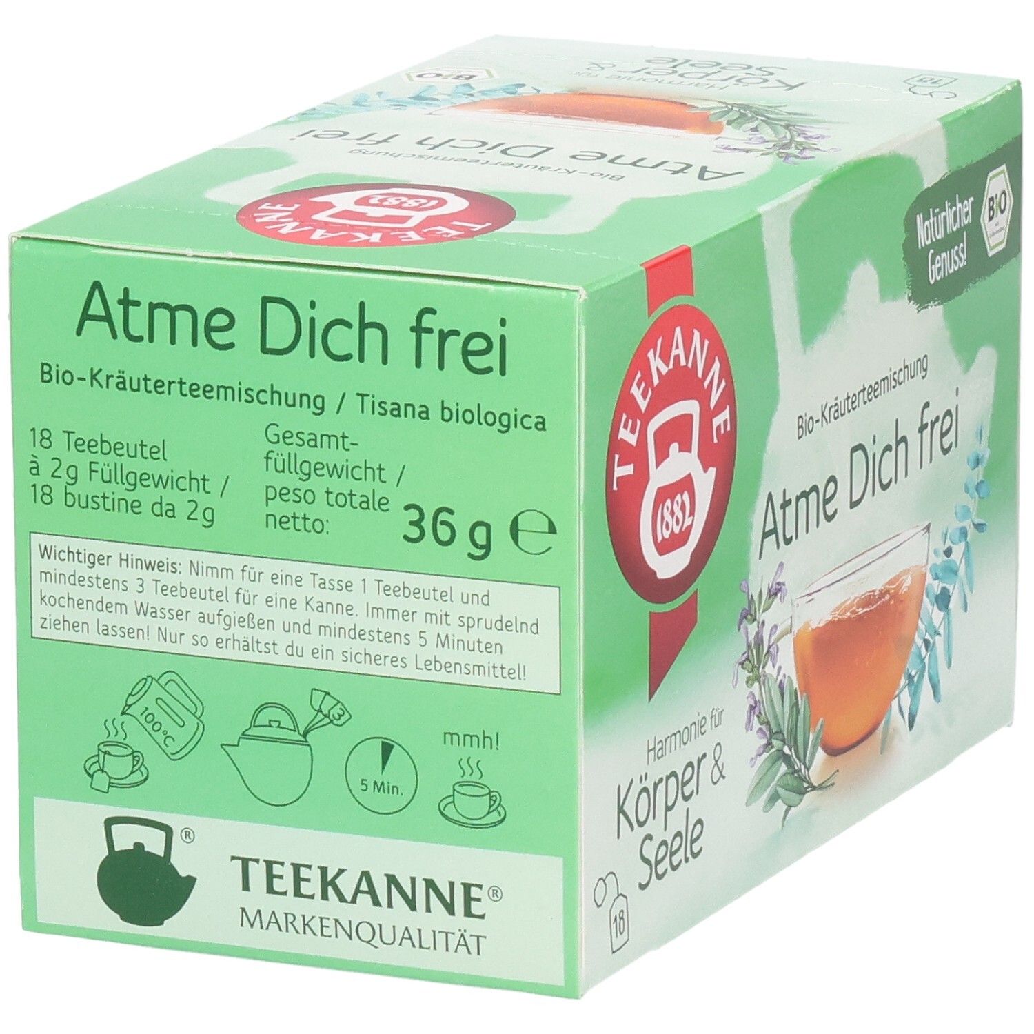 Teekanne BIO Atme Dich frei Kräutertee, 36g, 18 Beutel. Zubereitungshinweise und Nährwerte.