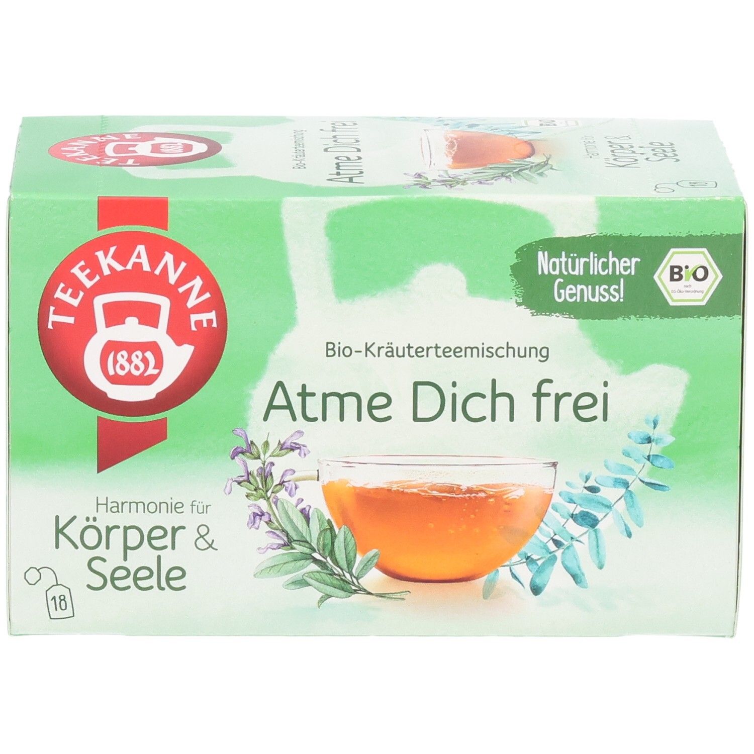 Vorderseite Teekanne BIO Atme Dich frei Kräutertee Mischung mit Tasse und Kräutern.