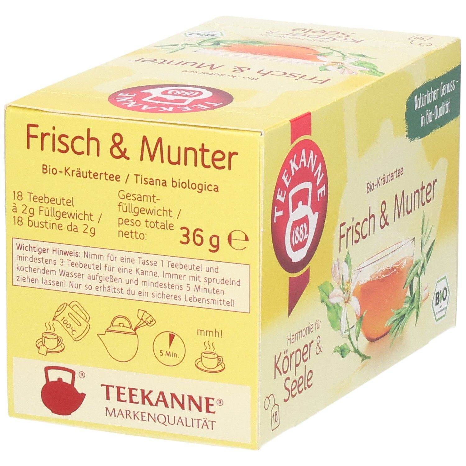 Rückseite der Teekanne BIO Harmonie für Körper & Seele Frisch & Munter Kräutertee Packung.