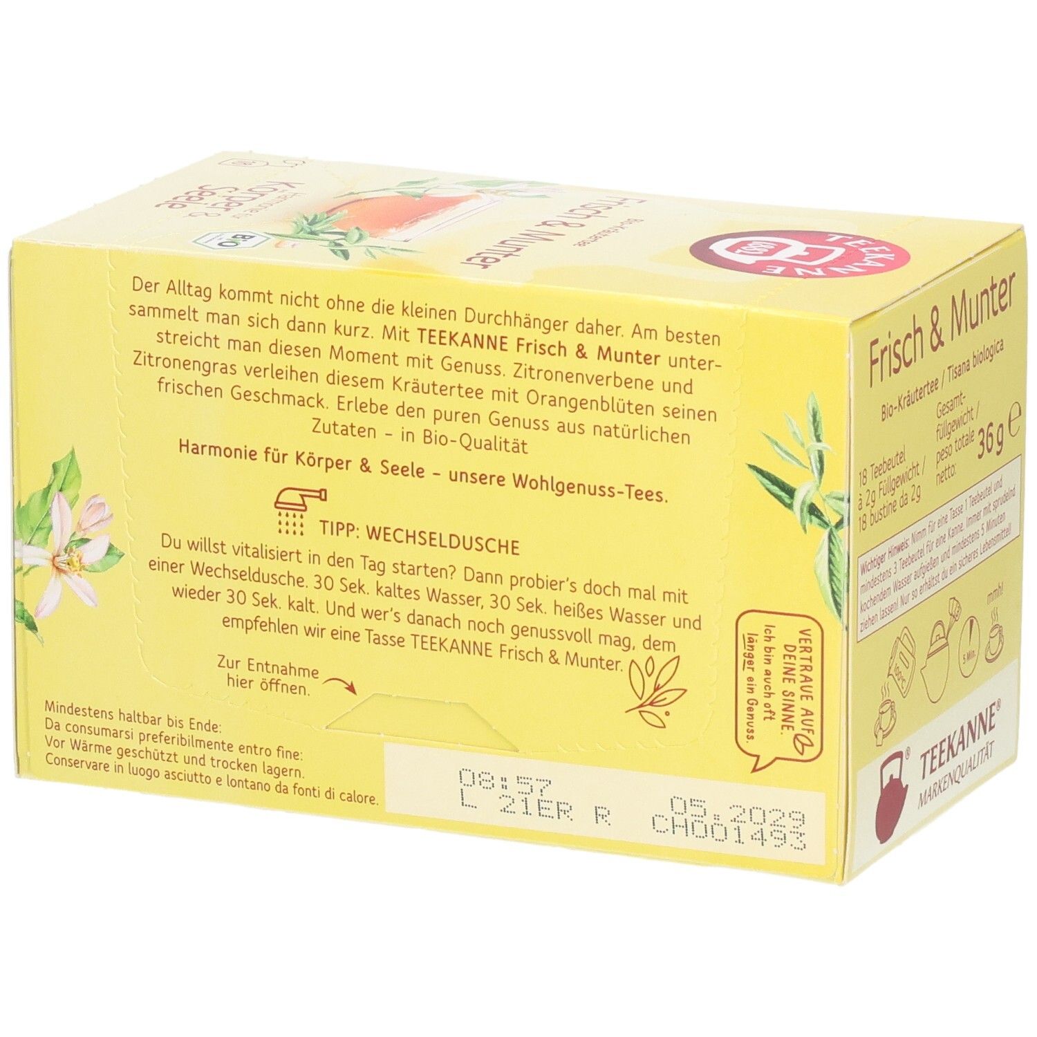 Seitenansicht der Teekanne BIO Harmonie für Körper & Seele Frisch & Munter Kräutertee Packung.