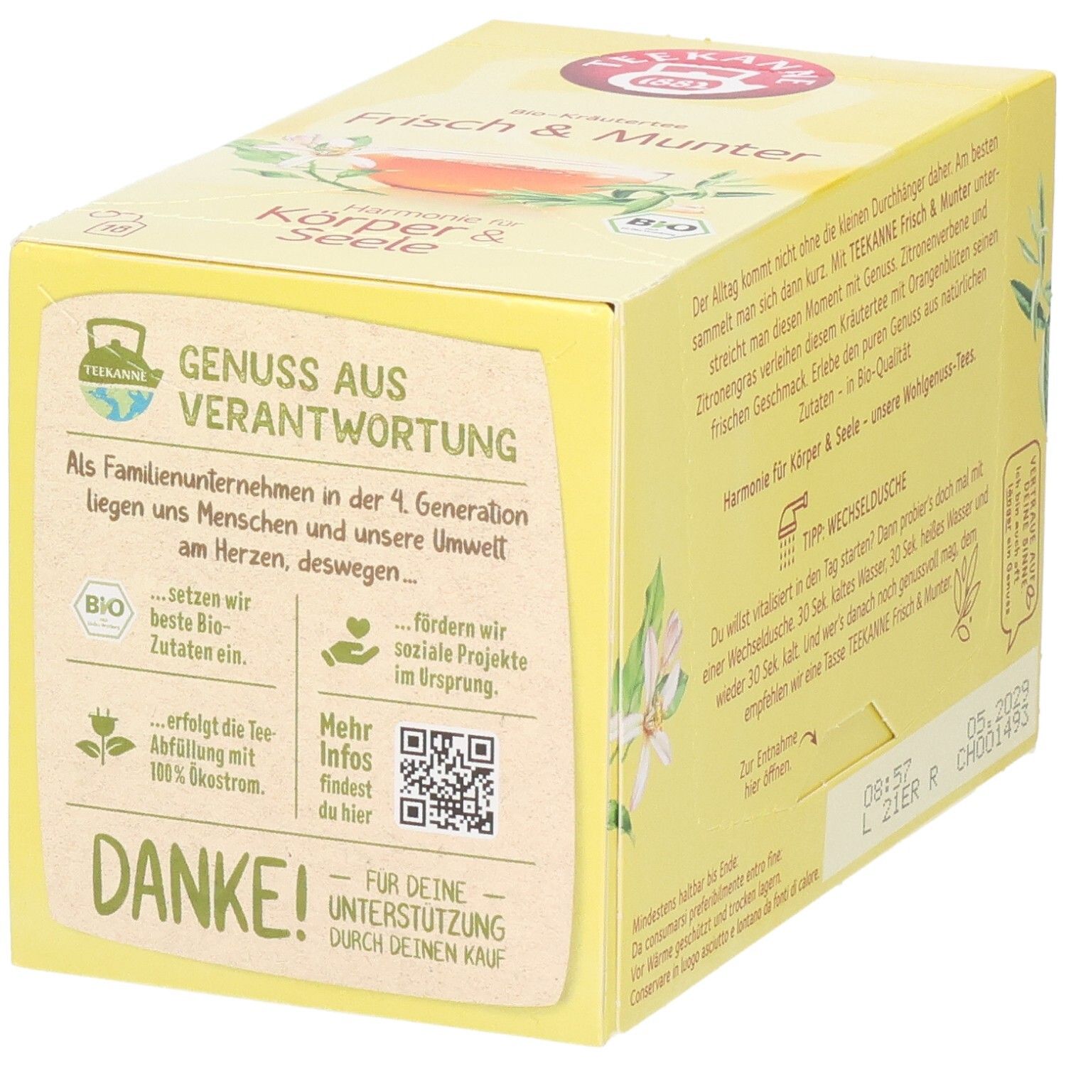 Seitenansicht mit BIO-Siegel und Informationen zur Teekanne BIO Harmonie Kräutertee Packung.