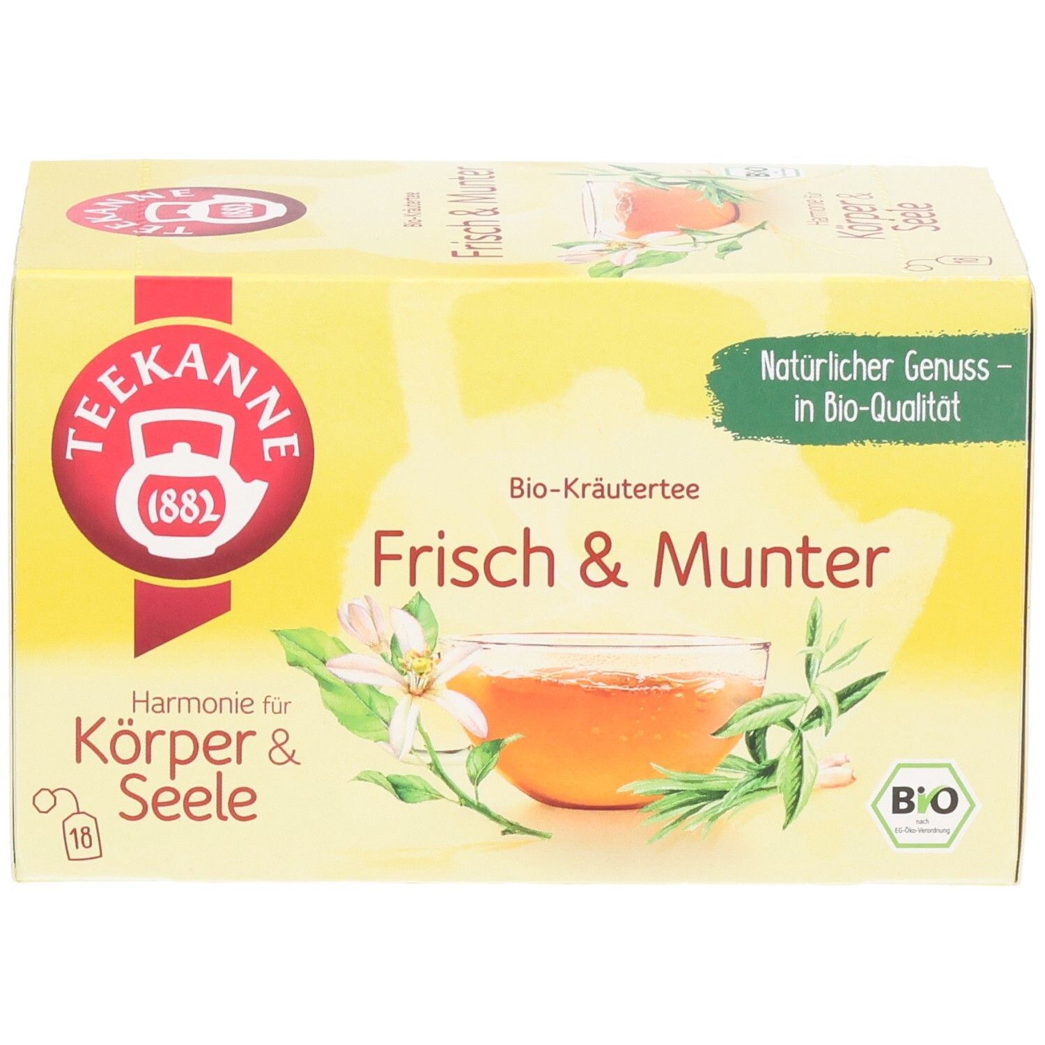 Vorderseite der Teekanne BIO Harmonie für Körper & Seele Frisch & Munter Kräutertee Packung.