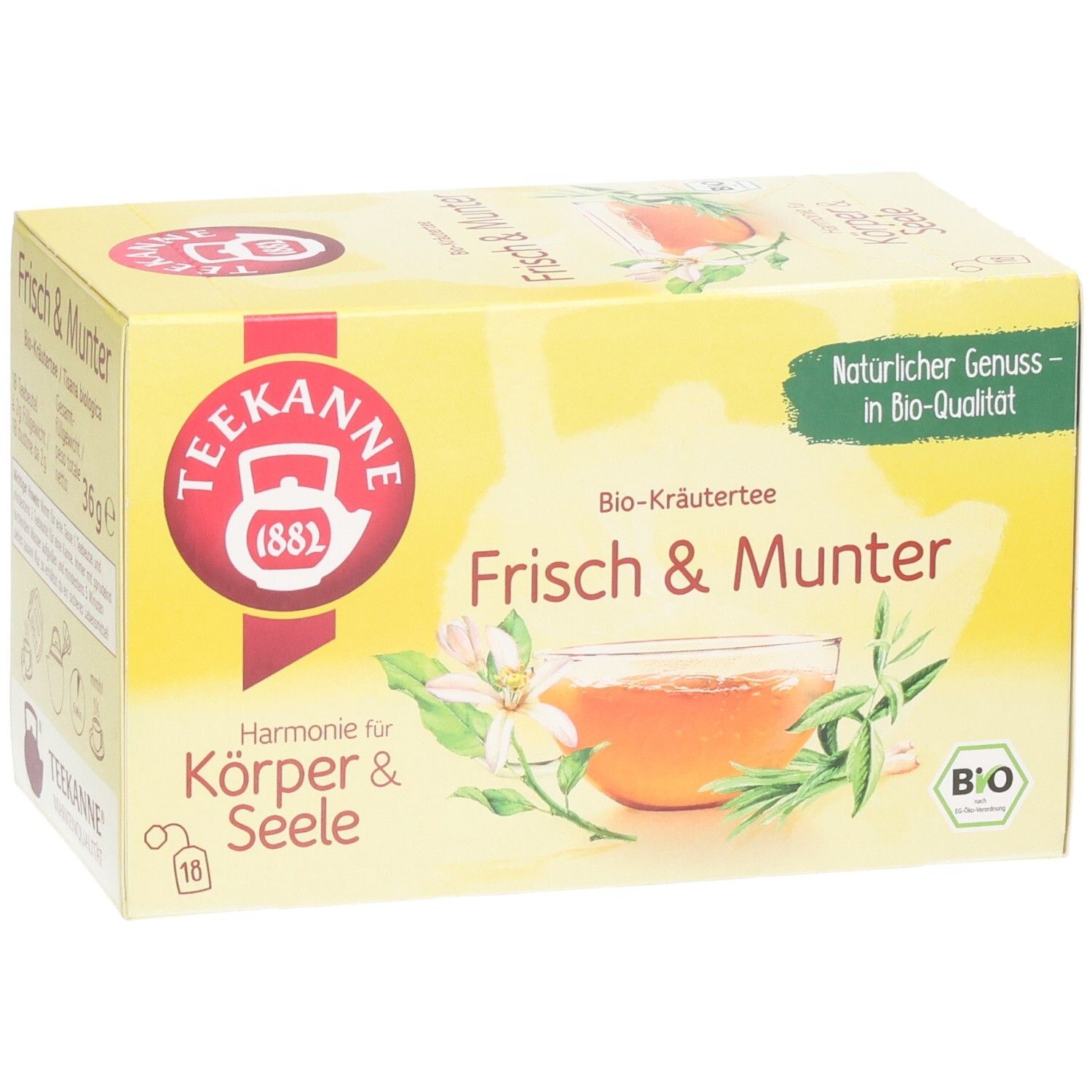 Teekanne BIO Harmonie für Körper & Seele Frisch & Munter Kräutertee Packung, 18 Beutel.