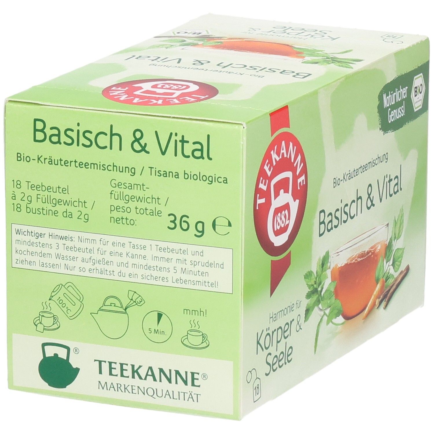 Teekanne Basisch & Vital Kräutertee, 18 Beutel à 2g, Gesamtgewicht 36g.