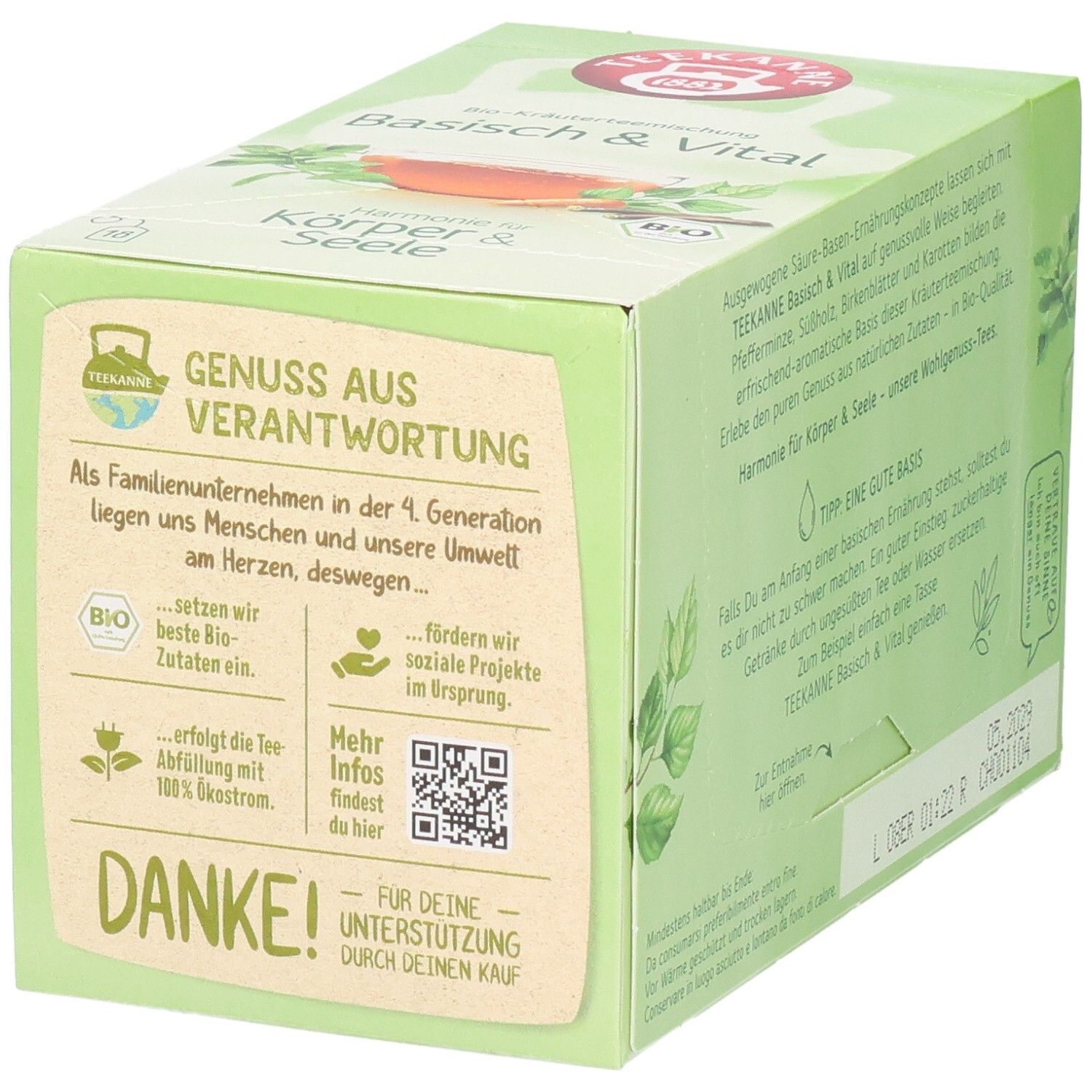 Seitenansicht Teekanne Basisch & Vital Kräutertee: Informationen zu Familie, Umwelt, Bio-Qualität.