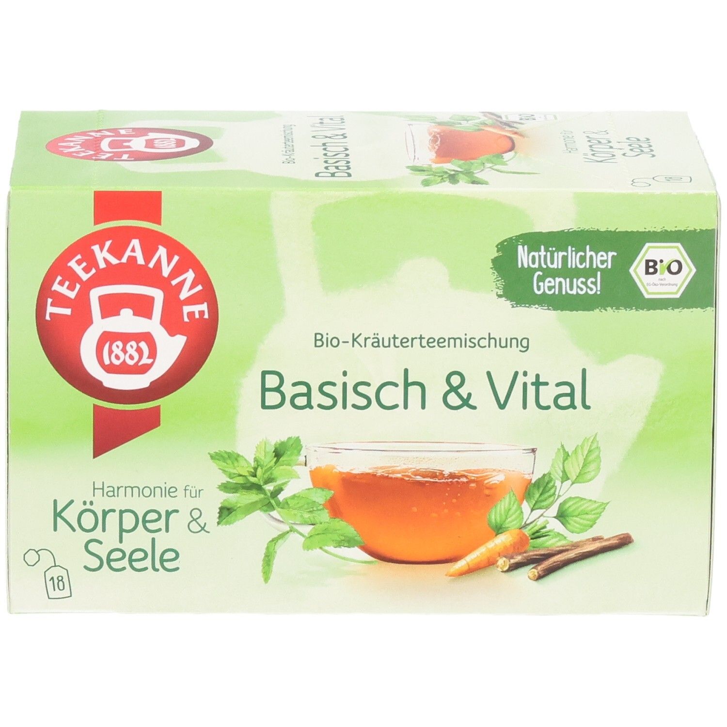 Vorderseite Teekanne BIO Harmonie für Körper & Seele Basisch & Vital Kräutertee.