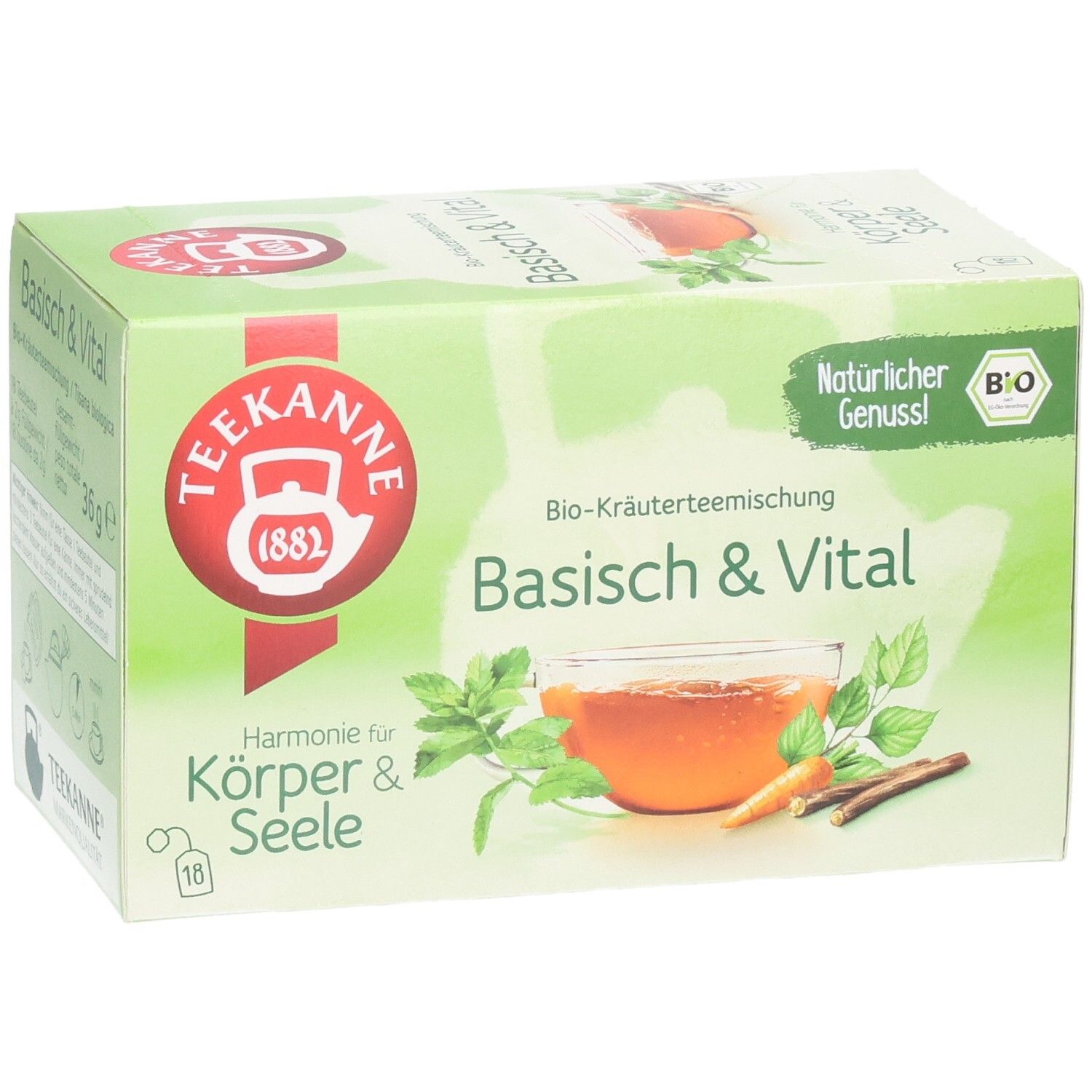 Teekanne Basisch & Vital Kräutertee Mischung mit Kräutern, Früchten und Gewürzen.