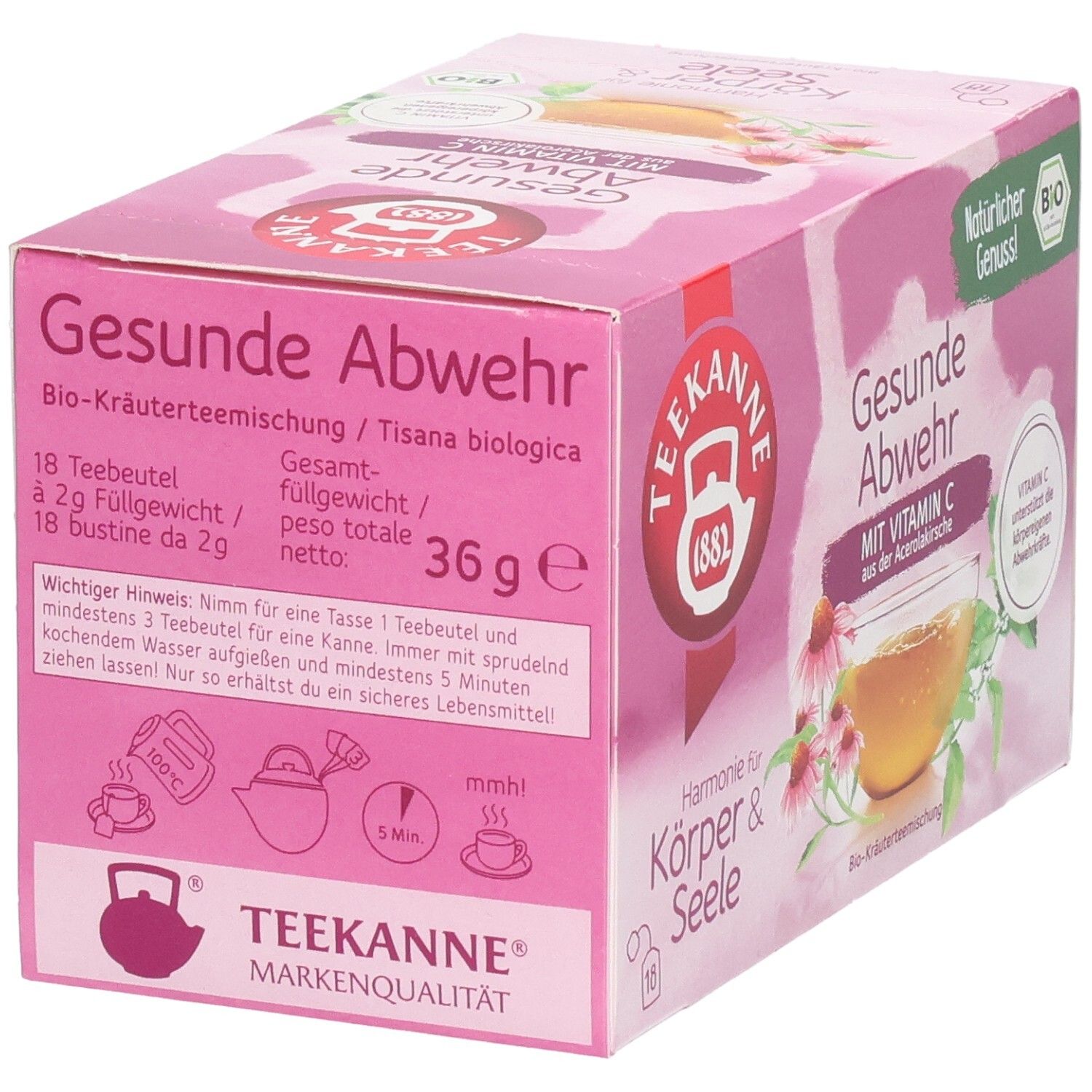 Rückseite Teekanne BIO Gesunde Abwehr Tee mit 18 Beuteln à 2g. Gesamtgewicht 36g.