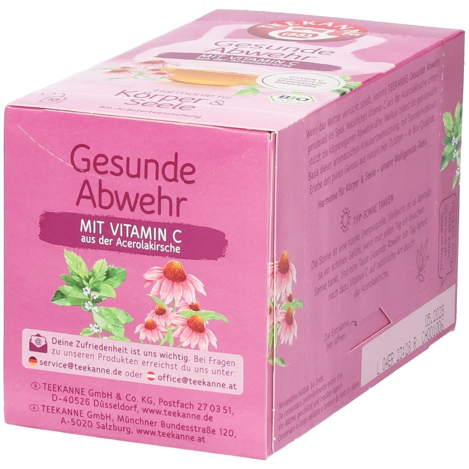 Seitenansicht Teekanne BIO Gesunde Abwehr Tee. Enthält Kontaktdaten und Herstellerinformationen.