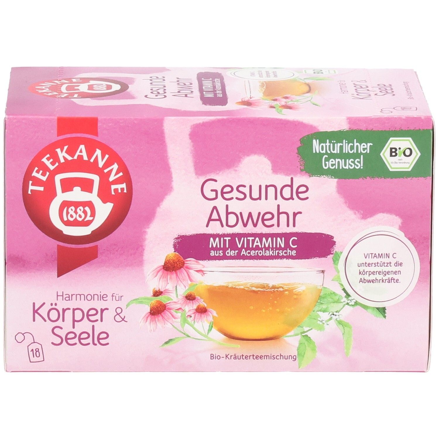 Vorderseite Teekanne BIO Gesunde Abwehr Tee mit Echinacea und Vitamin C aus Acerola.
